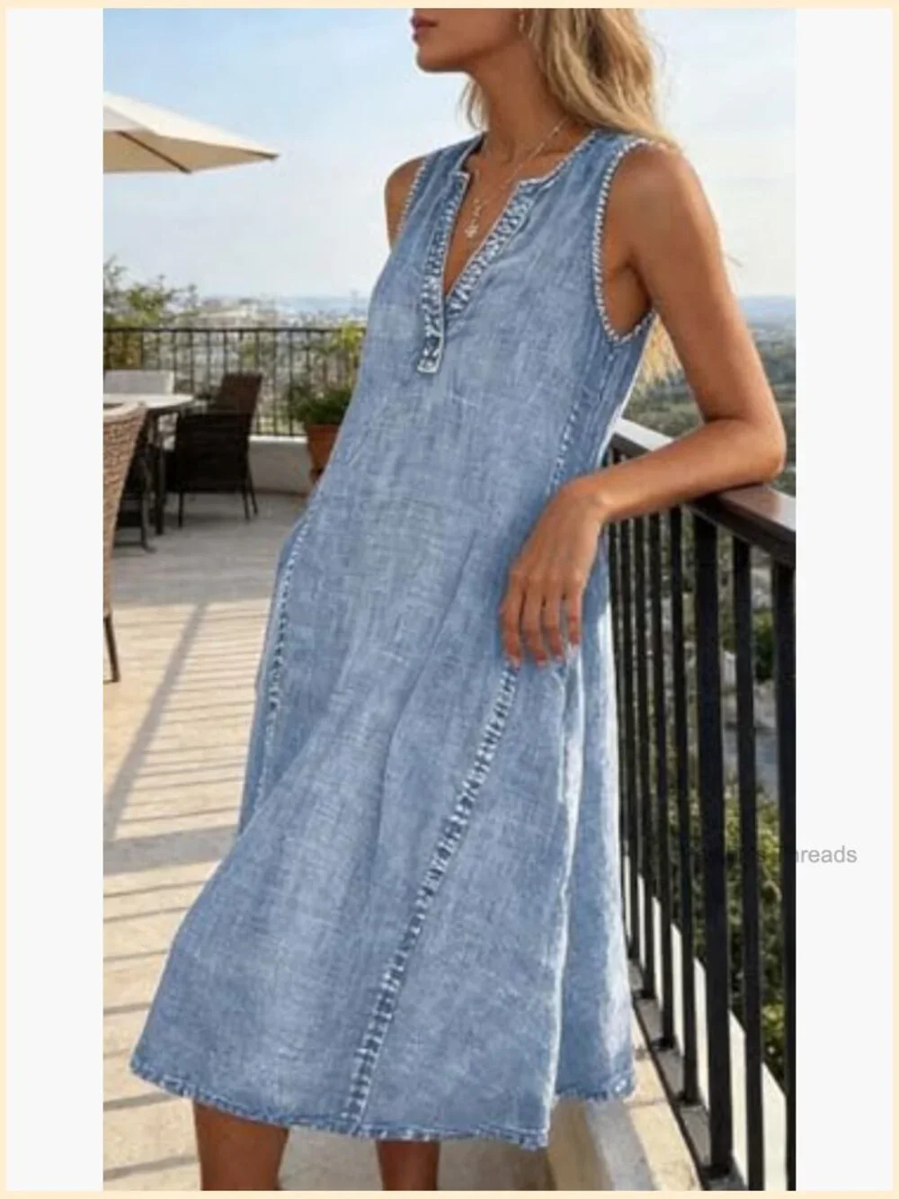 Sleeveless Denim Midi Dress A-Line V-Neck Tank Dress Summer Casual Shift Dress - Picture 3 of 5
